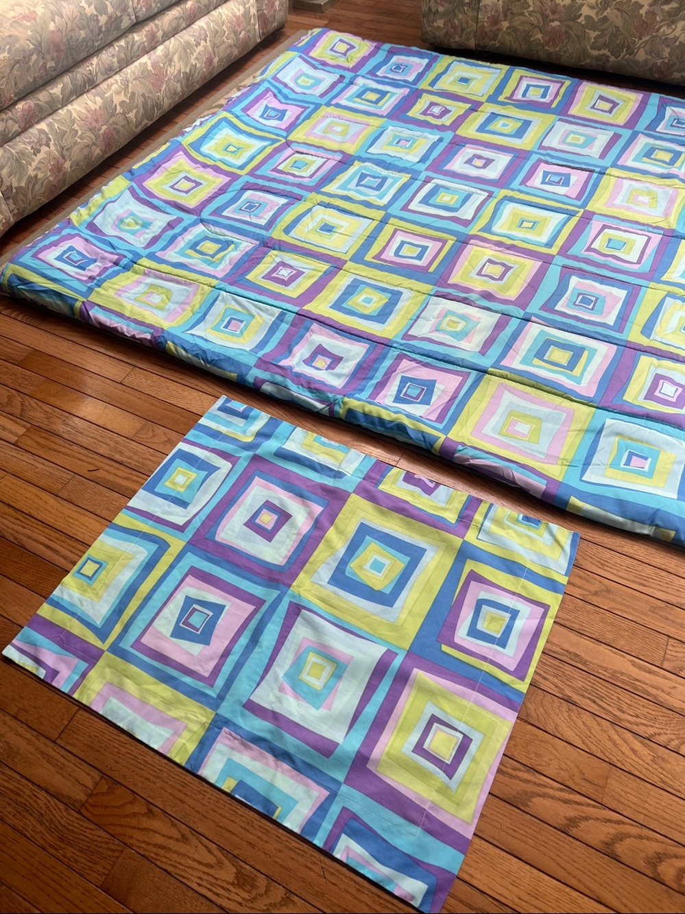 Springs Modern Geometric Patchwork Quilt - Blue, Purple, Yellow, Teal & Sham
